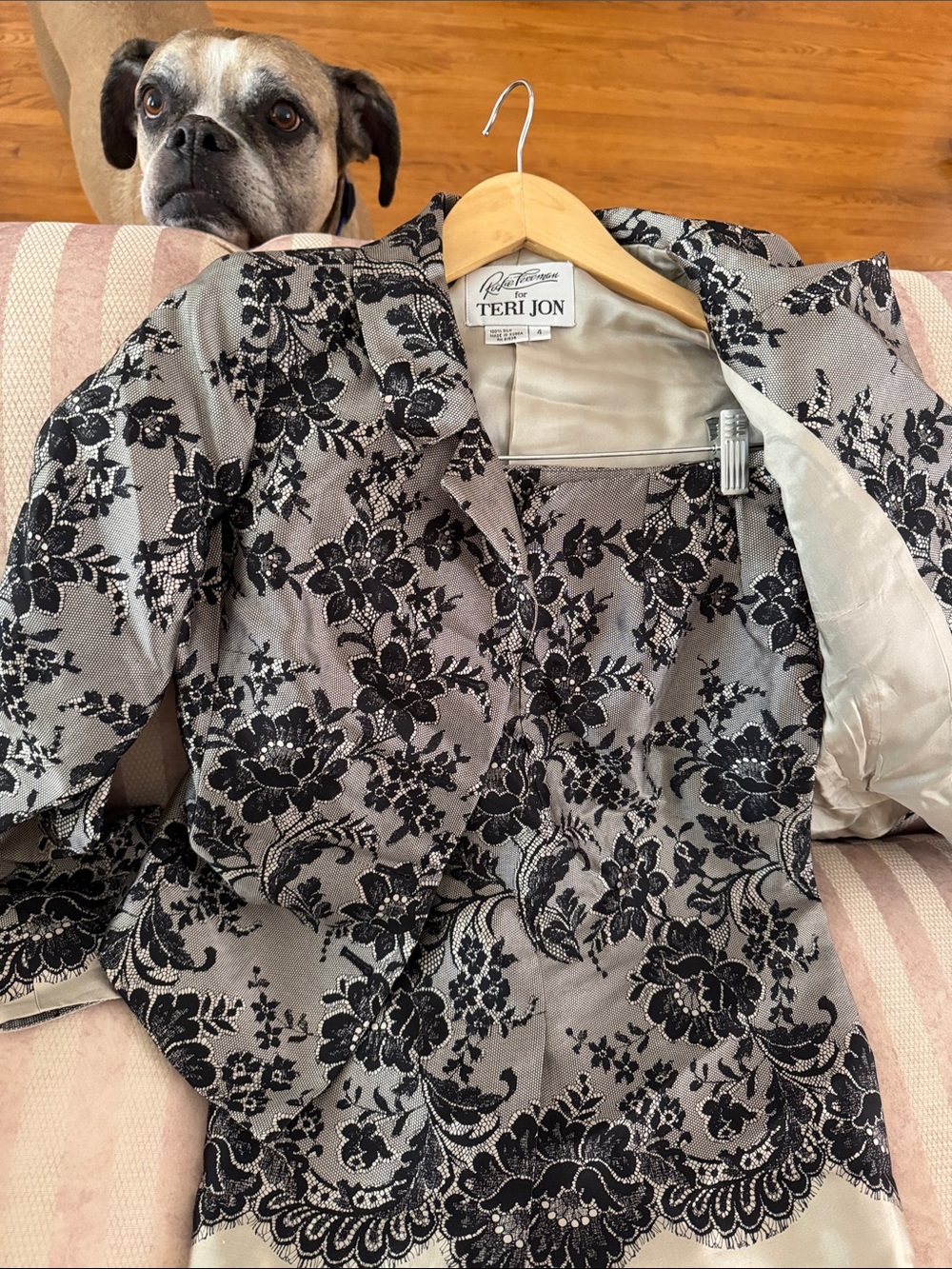 Vintage Teri Jon Gray Jacket with Black Lace Overlay and skirt